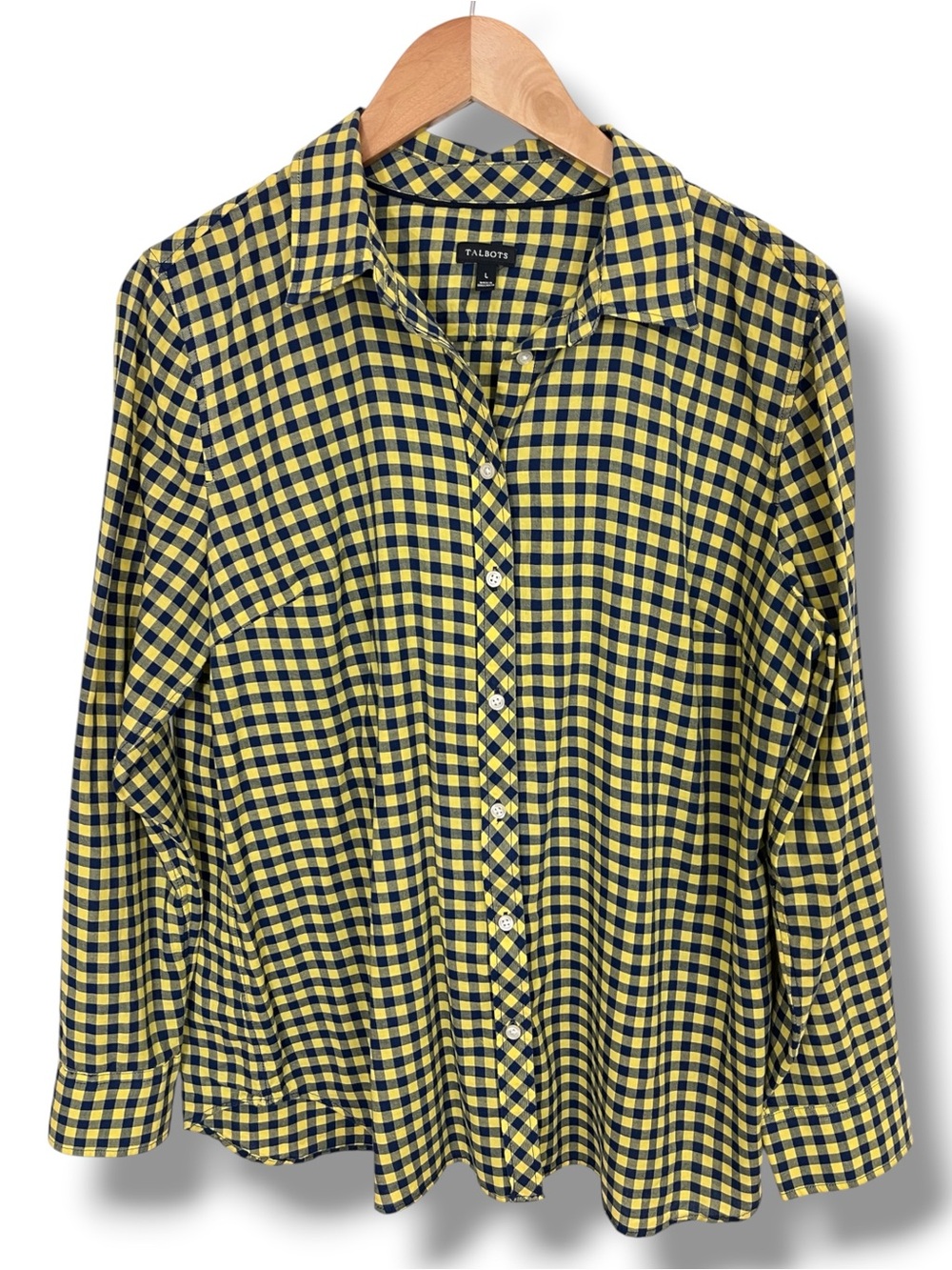 Talbots Navy Blue & Yellow Check Long Sleeve Button Up Shirt Large